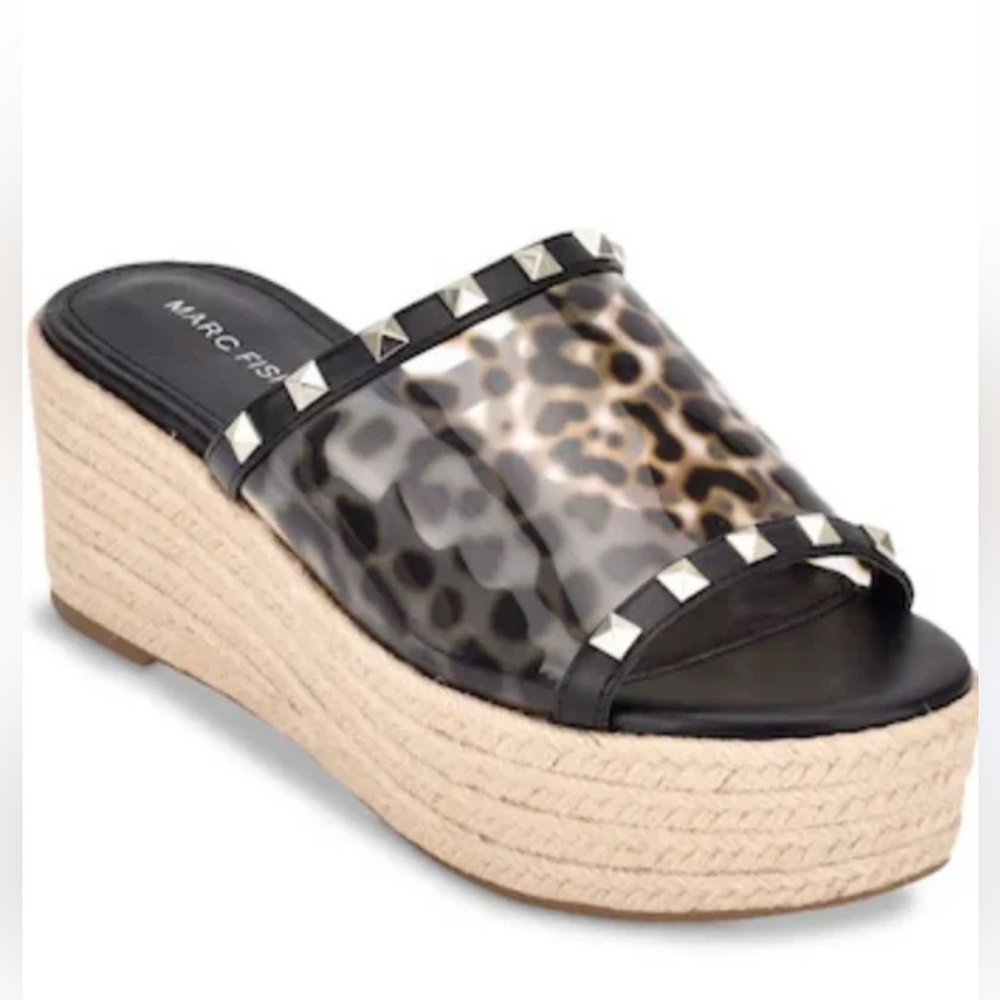 Marc Fisher Jelise espadrille wedge sandals in a clear/black Leopard Block 8